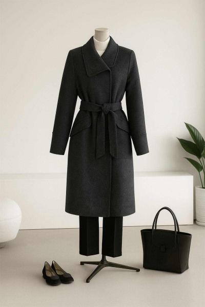 Kendinden Çizgili Çift Cepli Kolları Dikişli Kaşe Kaban Antrasit