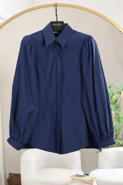 Omuzu Pileli Balon Kollu Poplin Gömlek Lacivert