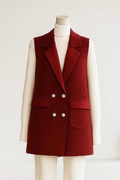 Metal Düğmeli Çift Cepli Buklet Yelek Bordo