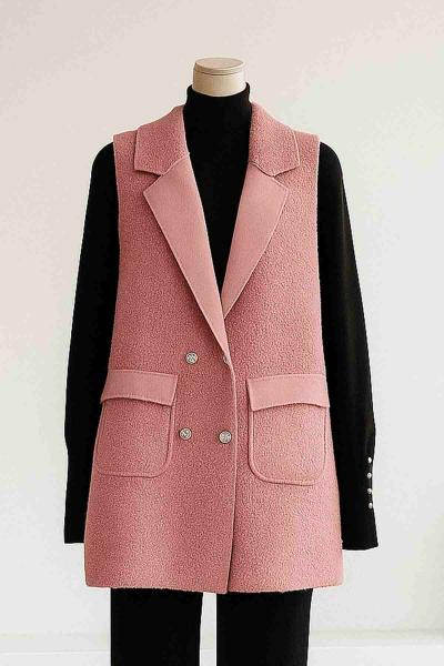 Metal Düğmeli Çift Cepli Buklet Yelek Gül