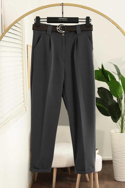 Deri Kemerli Flotolu Dabıl Pantolon Füme