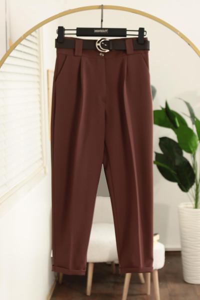 Deri Kemerli Flotolu Dabıl Pantolon Kahve