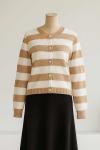 Kalın Çizgili 5 Düğmeli Kısa Triko Hırka Camel Ekru