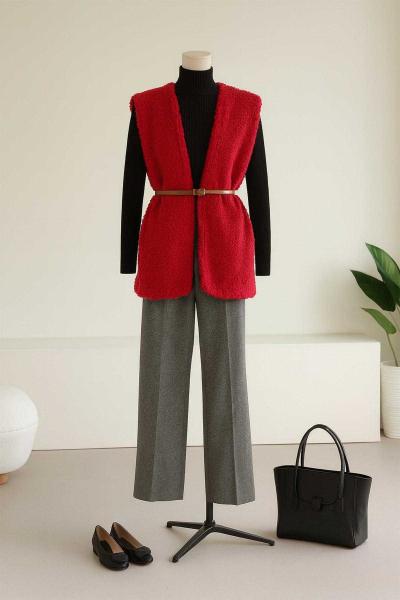 Kemerli Peluş Yelek Kırmızı