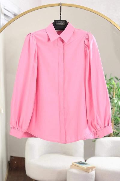 Omuzu Pileli Balon Kollu Poplin Gömlek Pembe