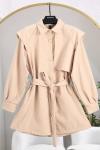 Tek Parçalı Sarı Düğmeli Kuşaklı Trençkot Bej