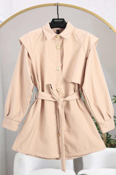 Tek Parçalı Sarı Düğmeli Kuşaklı Trençkot Bej