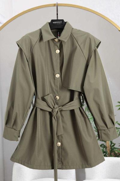 Tek Parçalı Sarı Düğmeli Kuşaklı Trençkot Haki