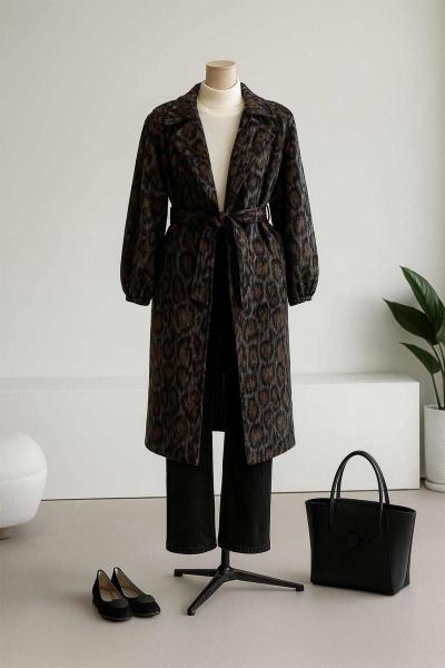 Leopar Desenli Kaşe Kaban Gri