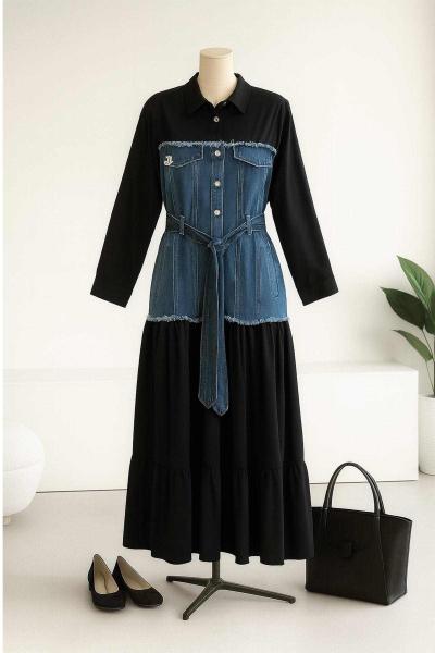 Püsküllü Kot Garnili Kuşaklı Elbise Siyah