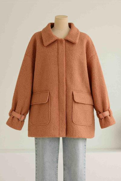 Çift Cepli Kolları Kemerli Buklet Kaban Soğan