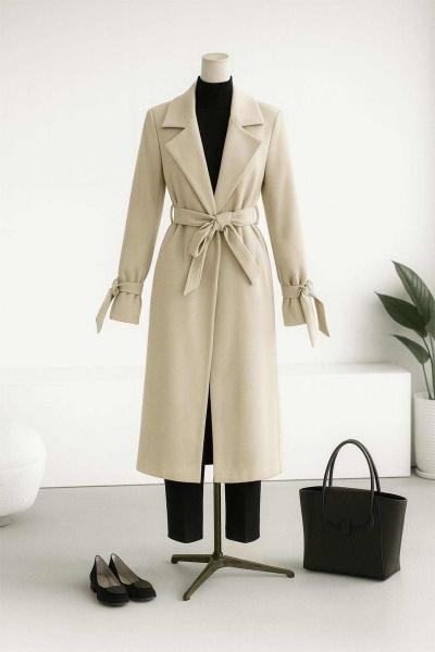 Beli Kolu Kuşaklı Kaşe Kaban Koyu Taş