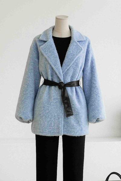 Balon Kol Deri Kemerli Melanj Keçe Ceket Bebe Mavi