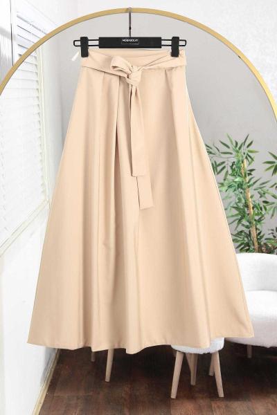 Beli Bağlamalı Pileli Bondid Etek Bej