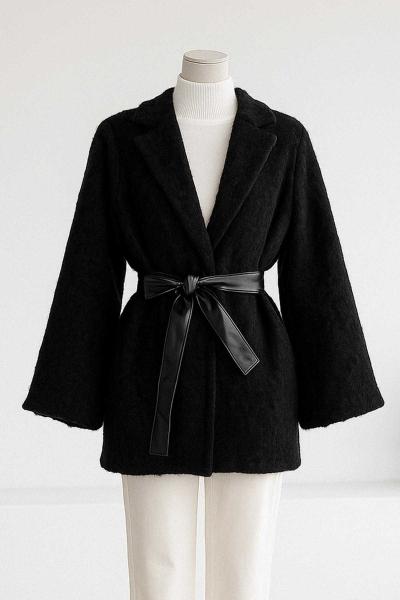 Balon Kol Deri Kemerli Melanj Keçe Ceket Siyah