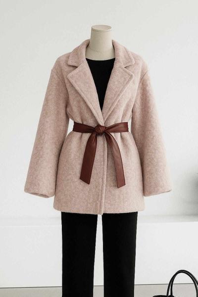 Balon Kol Deri Kemerli Melanj Keçe Ceket Vizon