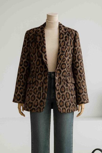 Leopar Kaşe Ceket Kahve Bej