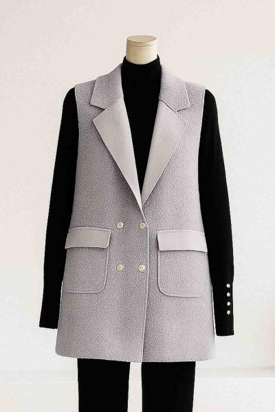 Metal Düğmeli Çift Cepli Buklet Yelek Gri