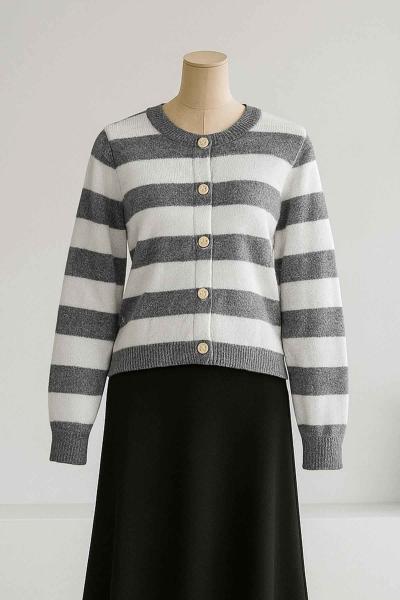 Kalın Çizgili 5 Düğmeli Kısa Triko Hırka Antrasit Ekru