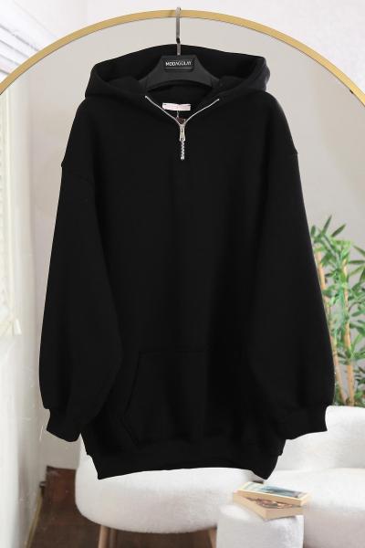 Yarım Fermuar Kanguru Cepli Sweat Siyah