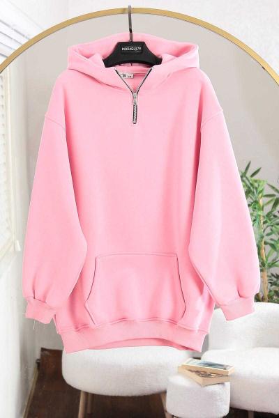 Yarım Fermuar Kanguru Cepli Sweat Pembe
