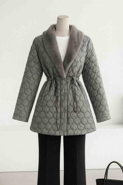Yakası Kürklü Bağlamalı Kapitone Mont Gri