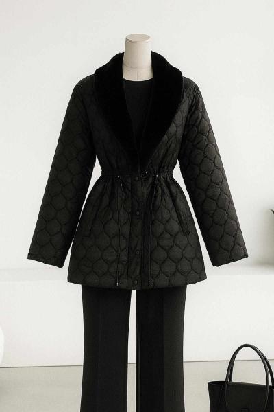 Yakası Kürklü Bağlamalı Kapitone Mont Siyah