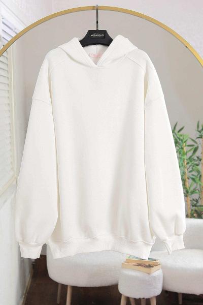 Omuzu Parçalı Kapşonlu Üç İplik Sweat Ekru