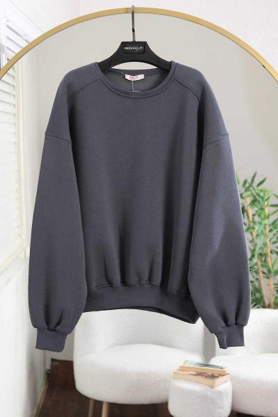 Omzu Parçalı Üç İplik Dikişli Sweat Füme