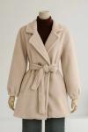 Çift Düğmeli Kuşaklı Kol Ucu Lastikli Kaşe Kaban Bej
