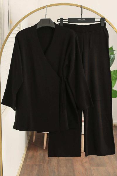 Yandan Bağlamalı Pantolonlu Triko Takım Siyah