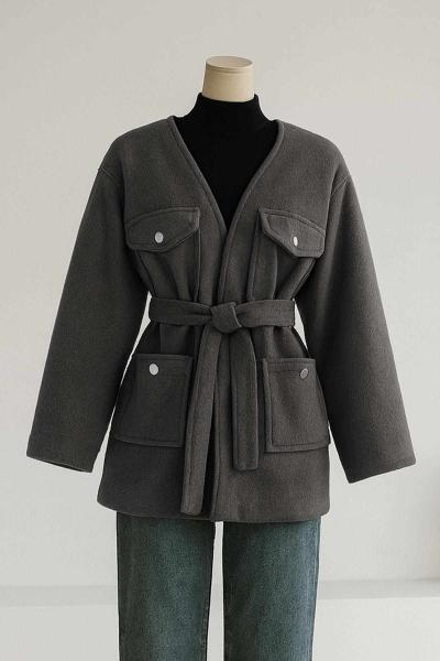 Dört Cepli Metal Düğme Kuşaklı Kaşe Kaban Antrasit