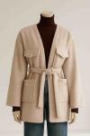 Dört Cepli Metal Düğme Kuşaklı Kaşe Kaban Bej