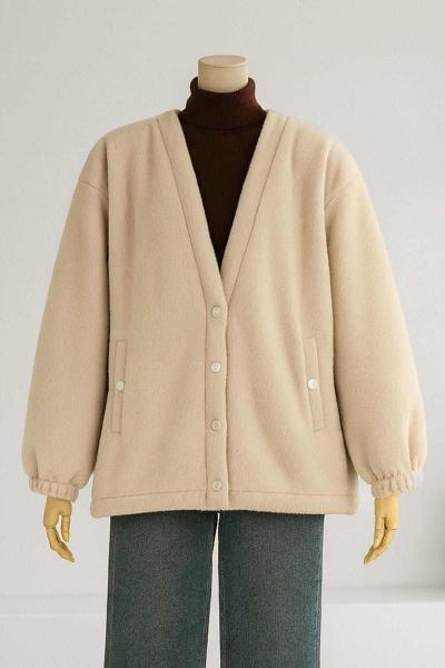 Metal Düğmeli Etek Ucu Lastikli Kaşe Mont Bej