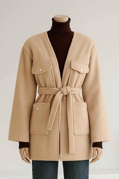 Dört Cepli Metal Düğme Kuşaklı Kaşe Kaban Camel