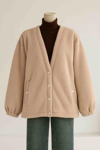 Metal Düğmeli Etek Ucu Lastikli Kaşe Mont Camel