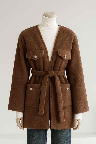 Dört Cepli Metal Düğme Kuşaklı Kaşe Kaban Kahve