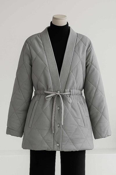 Yakası Gipeli Burbery Bağlamalı Kapitone Mont Gri