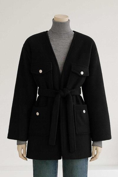 Dört Cepli Metal Düğme Kuşaklı Kaşe Kaban Siyah