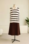 Büyük Yakalı Çizgili Triko Süveter Ekru Kahve