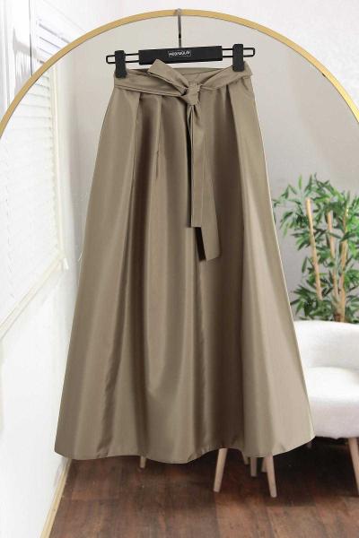 Bağlamalı Pileli Bondid Etek Haki