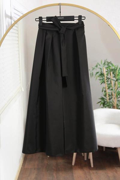 Bağlamalı Pileli Bondid Etek Siyah