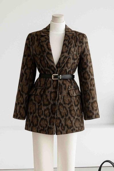 Beli Kemerli Leopar Kaşe Ceket Gri Kahve