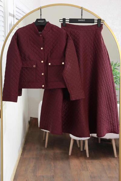 Çift Cepli Etekli Kapitone Takım Bordo