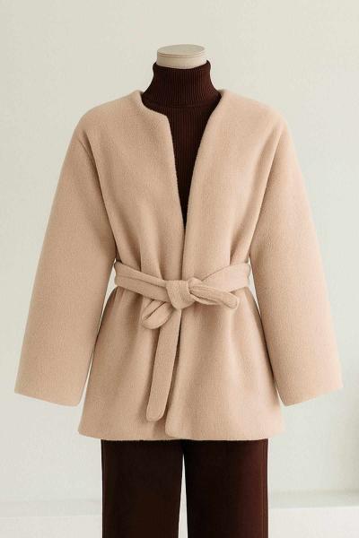 Düğmesiz Kuşaklı Kısa Kaşe Kaban Camel