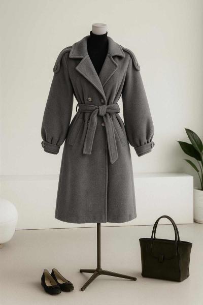 Apoletli Dört Düğmeli Kuşaklı Kaşe Kaban Antrasit