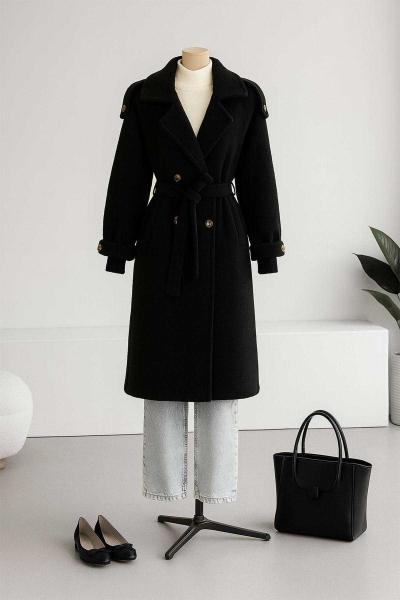 Apoletli Dört Düğmeli Kuşaklı Kaşe Kaban Siyah