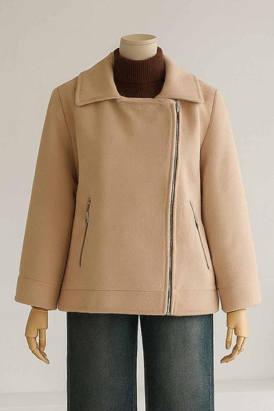 Yan Fermuarlı Çift Cepli Kaşe Mont Bej