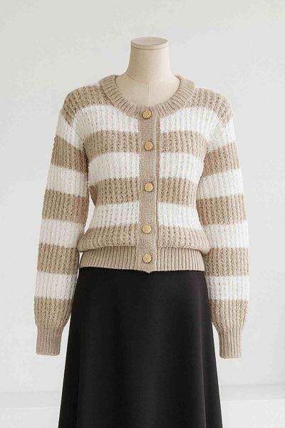 5 Düğmeli Kalın Çizgili Petek Örgü Triko Hırka Bej