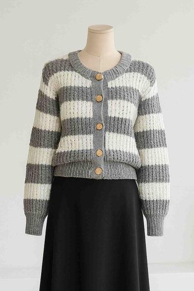 5 Düğmeli Kalın Çizgili Petek Örgü Triko Hırka Gri